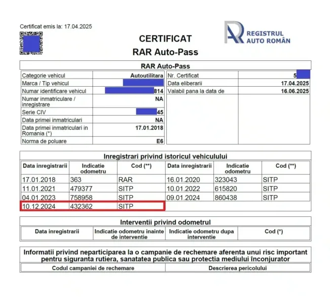 Exemplu de certificat RAR Auto-Pass cu date mascate